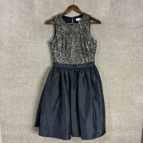 Calvin Klein Fit & Flare Dress Size 6 Gold/Black Sequin Taffeta Sleeveless Party - Picture 2 of 13